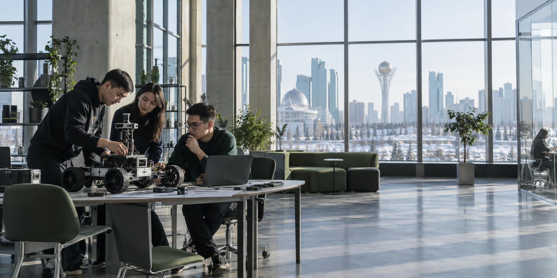 Команда стартапа работает с робототехническим прототипом в Астане